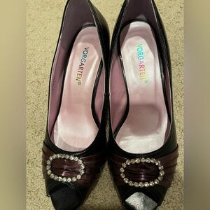 Black and Maroon Rhinestone Peep-toe Pumps